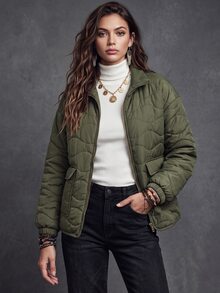 Struktiv Jaket Wanita Kasual Musim Gugur/Dingin dengan Desain Quilted Minimalis dan Nuansa Premium, Cocok untuk Perjalanan Sehari-hari, Berbelanja, dan Santai. Warna Polos Serbaguna. - Hijau Tentara - View 7