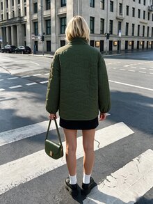 Struktiv Jaket Wanita Kasual Musim Gugur/Dingin dengan Desain Quilted Minimalis dan Nuansa Premium, Cocok untuk Perjalanan Sehari-hari, Berbelanja, dan Santai. Warna Polos Serbaguna. - Hijau Tentara - View 2