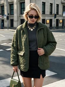 Struktiv Jaket Wanita Kasual Musim Gugur/Dingin dengan Desain Quilted Minimalis dan Nuansa Premium, Cocok untuk Perjalanan Sehari-hari, Berbelanja, dan Santai. Warna Polos Serbaguna. - Hijau Tentara - View 8