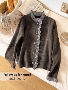 Story & Sage Women's Patchwork Plaid Frill Trim Long Sleeve Knit Cardigan Everyday Office Black And White Checkered Autumn French Vintage Cute Brown Sweater - Brown - View 3