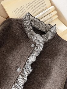 Story & Sage Women's Patchwork Plaid Frill Trim Long Sleeve Knit Cardigan Everyday Office Black And White Checkered Autumn French Vintage Cute Brown Sweater - Brown - View 4