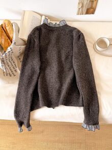 Story & Sage Women's Patchwork Plaid Frill Trim Long Sleeve Knit Cardigan Everyday Office Black And White Checkered Autumn French Vintage Cute Brown Sweater - Brown - View 2