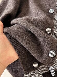 Story & Sage Women's Patchwork Plaid Frill Trim Long Sleeve Knit Cardigan Everyday Office Black And White Checkered Autumn French Vintage Cute Brown Sweater - Brown - View 7