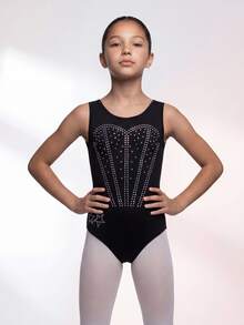 SHEIN Tween Girls' Round Neck Rhinestone Decor Black Summer Athletic Gym Leotards Snug Fit Dance Outfit Sports Competition Performance Gymnastics Work - Black - View 4