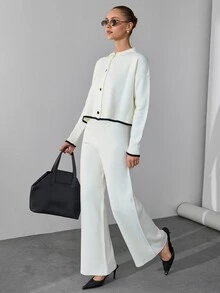 RosyDaze Women Button Front Long Sleeves Cardigan And Knit Pants Sets - White - View 8