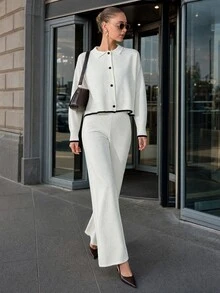 RosyDaze Women Button Front Long Sleeves Cardigan And Knit Pants Sets - White - View 3