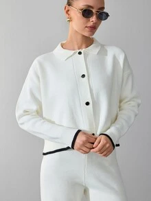 RosyDaze Women Button Front Long Sleeves Cardigan And Knit Pants Sets - White - View 5