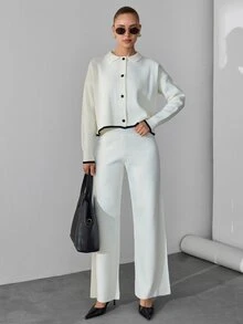 RosyDaze Women Button Front Long Sleeves Cardigan And Knit Pants Sets - White - View 7