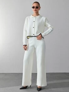 RosyDaze Women Button Front Long Sleeves Cardigan And Knit Pants Sets - White - View 4