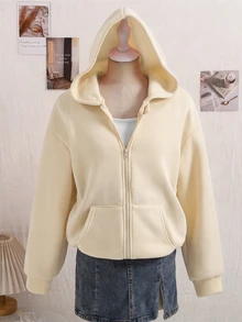 SHEIN Sparklyn Jaket Berkerudung dengan Resleting untuk Anak Perempuan Remaja Musim Gugur/Dingin - Gaya Jalanan Campuran, Sweatshirt, Lengan Panjang, Fleece, Pakaian Musim Gugur, Sweater - Navy Blue - View 5