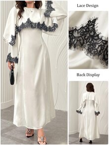 Yasmyna Spring Summer Autumn Satin Black Lace Patchwork Cape Style Long Robe, Elegant Long Sleeve Cinched Waist Long Dress For Women - Champagne - View 5