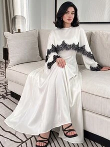 Yasmyna Spring Summer Autumn Satin Black Lace Patchwork Cape Style Long Robe, Elegant Long Sleeve Cinched Waist Long Dress For Women - Champagne - View 1