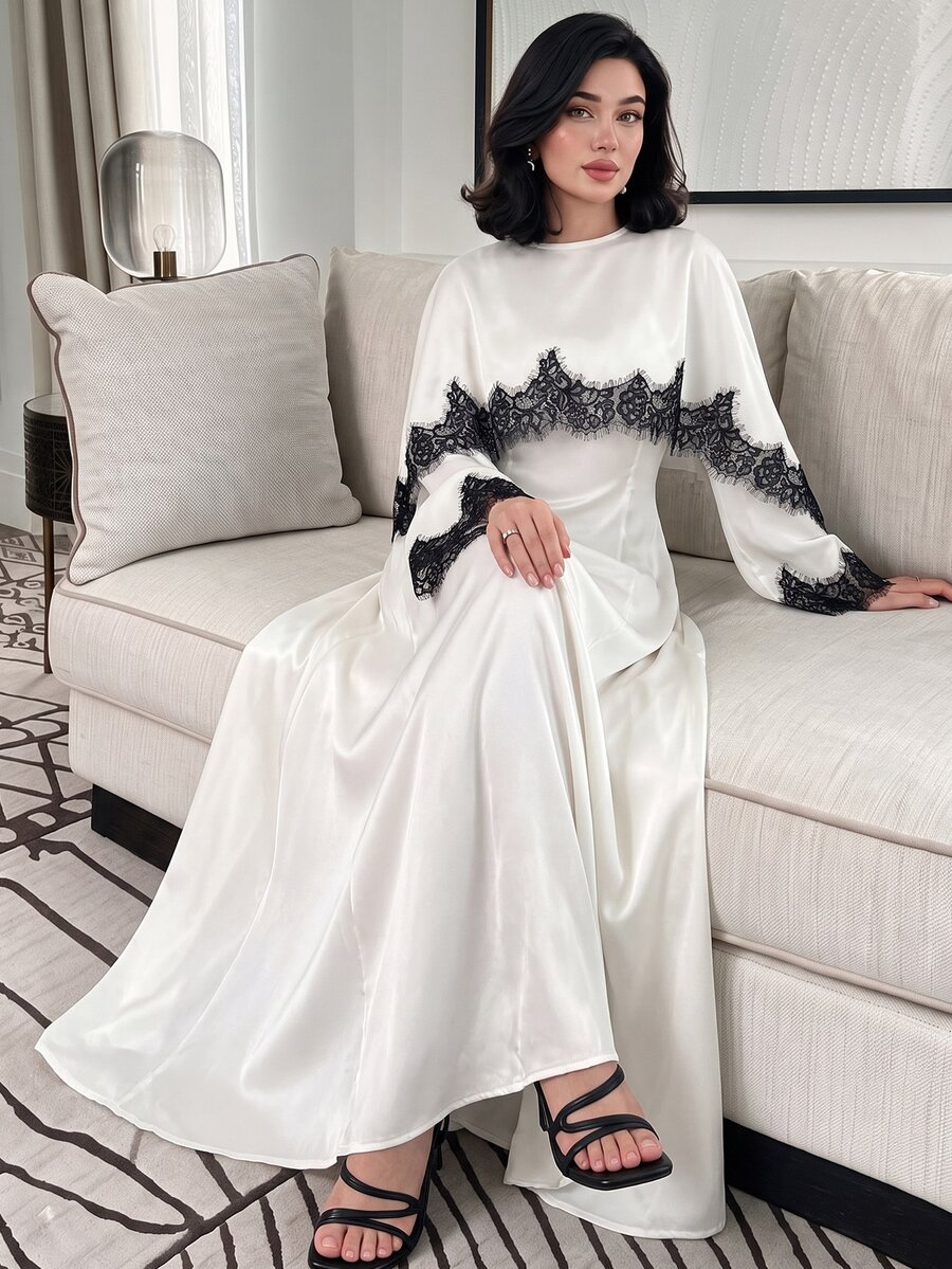 Yasmyna Spring Summer Autumn Satin Black Lace Patchwork Cape Style Long Robe, Elegant Long Sleeve Cinched Waist Long Dress For Women - Champagne - View 1