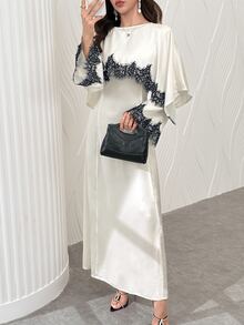 Yasmyna Spring Summer Autumn Satin Black Lace Patchwork Cape Style Long Robe, Elegant Long Sleeve Cinched Waist Long Dress For Women - Champagne - View 8