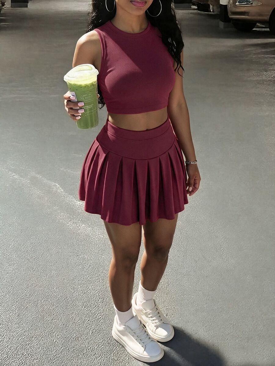 BamGleam 女式夏季时尚纯色短款背心和百褶迷你裙两件套