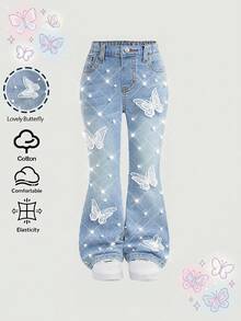 SHEIN 女童秋冬 Y2K 時尚復古串珠蝴蝶藍色丹寧高彈力緊身喇叭牛仔褲，街頭風西式風格 - 藍色 - 查看 6