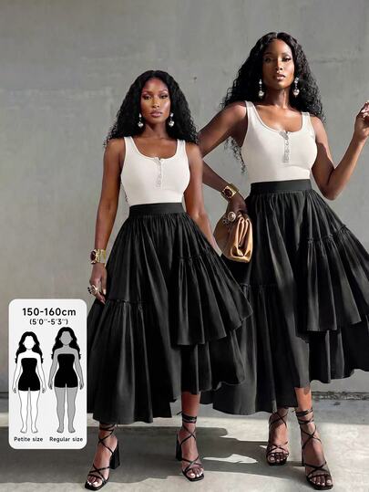 BamGlimmer Women's Elegant Casual Solid Color Ruffle Hem Skirt Brunch Tea Party Brunch Date Night Black Autumn