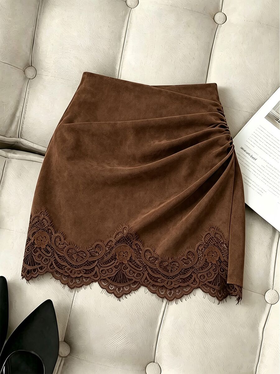 SHEIN Franclia 休閒通勤百搭優雅女款裙子,對比蕾絲裙,修身棕色裙,春/秋與冬/秋四季可穿裙,初秋穿搭,約會、通勤、外出、派對、日常穿著優雅裙 - 棕色 - 查看 1