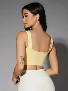 Silquee Women's Solid Color Square Neck Cropped Casual Tank Top,Summer Top - Light Yellow - View 2