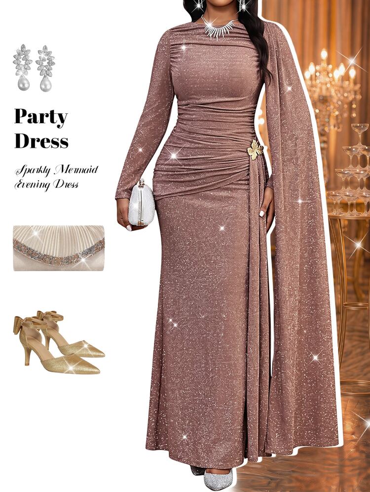 Fleurora Gaun Bodycon Plus-Size Elegan Seksi dengan Aksen Metalik Berkilau, Gaun Formal Makan Malam Warna Dusty Rose untuk Wanita, Pernikahan, Musim Gugur - Coklat - View 3