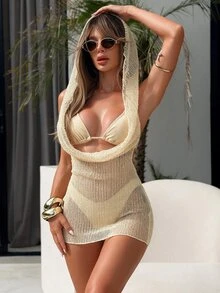 SHEIN Swim 女士沙滩罩衫连衣裙，性感露背垂褶领口薄纱波西米亚风泳衣罩衫，适合春夏海滩、泳池派对，优雅复古浪漫风 - 杏色 - 查看 1