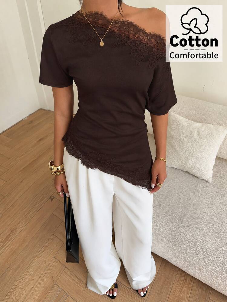 Aloruh Women's Commuter Asymmetric Shoulder Ruched Lace Patchwork Blouse,Going Out - Coffee Brown - View 5