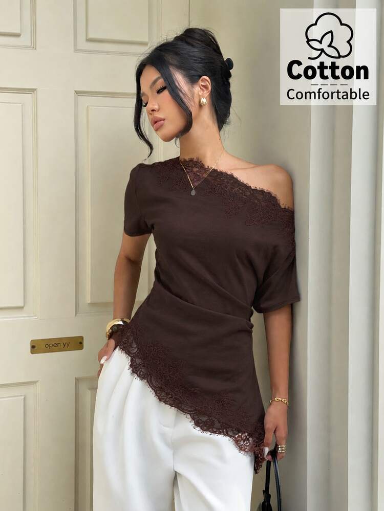 Aloruh Women's Commuter Asymmetric Shoulder Ruched Lace Patchwork Blouse,Going Out - Coffee Brown - View 6