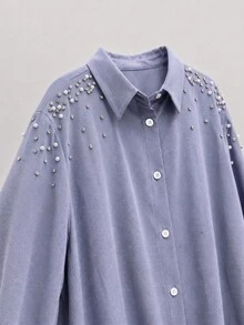 Lacomfia Plus Faux Pearls Beaded Button Front Shirt & Wide Leg Pants - Blue - View 6