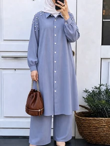 Lacomfia Plus Faux Pearls Beaded Button Front Shirt & Wide Leg Pants - Blue - View 3
