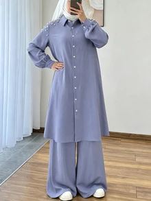 Lacomfia Plus Faux Pearls Beaded Button Front Shirt & Wide Leg Pants - Blue - View 5