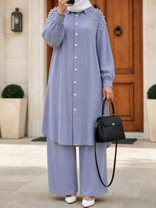 Lacomfia Plus Faux Pearls Beaded Button Front Shirt & Wide Leg Pants - Blue - View 1