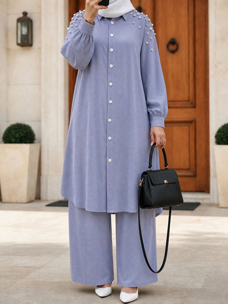 Lacomfia Plus Faux Pearls Beaded Button Front Shirt & Wide Leg Pants - Blue - View 1