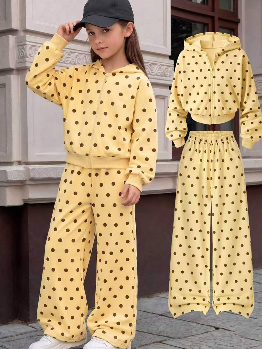 SHEIN 女童波點連帽拉鍊長袖上衣 + 寬腿褲套裝,休閒 2 件式運動衫 - 黃色 - 查看 1