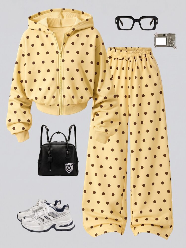Sparklyn Girls Polka Dot Hooded Zip-Up Long Sleeve Top + Wide Leg Pants Set, Casual 2 Pieces Sweatshirt - Yellow - View 1