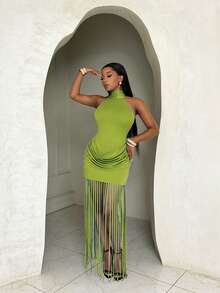 VaVaBold 女士性感度假风露背系带蓝色设计师吊带连衣裙 - 橄欖綠 - 查看 4