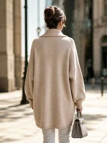Balvessa Polo Collar Drop Shoulder Loose Ribbed Cuffs Lantern Long Sleeve Mid-Length Asymmetrical Curved Hem Casual Women's Cardigan - Khaki - View 2