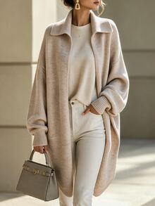 Balvessa Polo Collar Drop Shoulder Loose Ribbed Cuffs Lantern Long Sleeve Mid-Length Asymmetrical Curved Hem Casual Women's Cardigan - Khaki - View 1