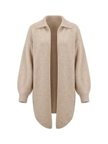 Balvessa Polo Collar Drop Shoulder Loose Ribbed Cuffs Lantern Long Sleeve Mid-Length Asymmetrical Curved Hem Casual Women's Cardigan - Khaki - View 4