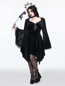 ROMWE Dark Gothic Style Plus Size Women's Dress With Spider Web Sheer Bell Sleeves And Asymmetrical Hem Halloween Party Dress - Black - View 1