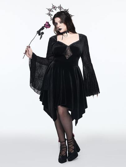 Goth Vestido de estilo gótico oscuro para mujer talla grande con mangas acampanadas transparentes con diseño de telaraña y bajo asimétrico, vestido para fiesta de Halloween