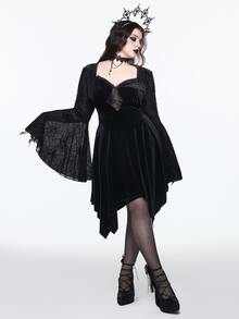 ROMWE Dark Gothic Style Plus Size Women's Dress With Spider Web Sheer Bell Sleeves And Asymmetrical Hem Halloween Party Dress - Black - View 5