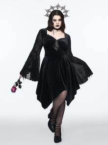 ROMWE Dark Gothic Style Plus Size Women's Dress With Spider Web Sheer Bell Sleeves And Asymmetrical Hem Halloween Party Dress - Black - View 7