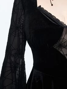 ROMWE Dark Gothic Style Plus Size Women's Dress With Spider Web Sheer Bell Sleeves And Asymmetrical Hem Halloween Party Dress - Black - View 2