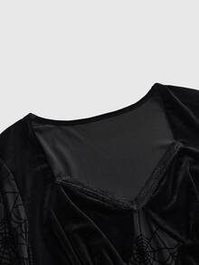 ROMWE Dark Gothic Style Plus Size Women's Dress With Spider Web Sheer Bell Sleeves And Asymmetrical Hem Halloween Party Dress - Black - View 12