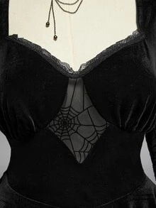 ROMWE Dark Gothic Style Plus Size Women's Dress With Spider Web Sheer Bell Sleeves And Asymmetrical Hem Halloween Party Dress - Black - View 16