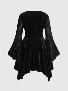 ROMWE Dark Gothic Style Plus Size Women's Dress With Spider Web Sheer Bell Sleeves And Asymmetrical Hem Halloween Party Dress - Black - View 11