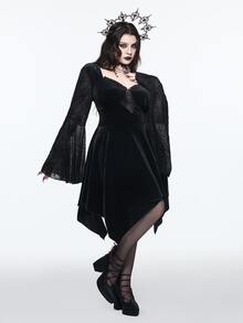 ROMWE Dark Gothic Style Plus Size Women's Dress With Spider Web Sheer Bell Sleeves And Asymmetrical Hem Halloween Party Dress - Black - View 9