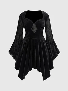 ROMWE Dark Gothic Style Plus Size Women's Dress With Spider Web Sheer Bell Sleeves And Asymmetrical Hem Halloween Party Dress - Black - View 13
