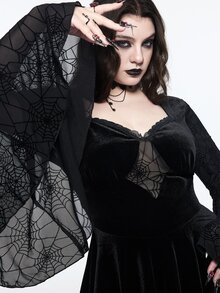 ROMWE Dark Gothic Style Plus Size Women's Dress With Spider Web Sheer Bell Sleeves And Asymmetrical Hem Halloween Party Dress - Black - View 4