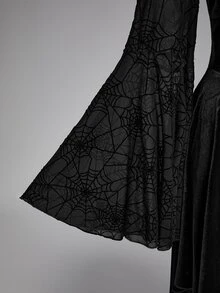 ROMWE Dark Gothic Style Plus Size Women's Dress With Spider Web Sheer Bell Sleeves And Asymmetrical Hem Halloween Party Dress - Black - View 17